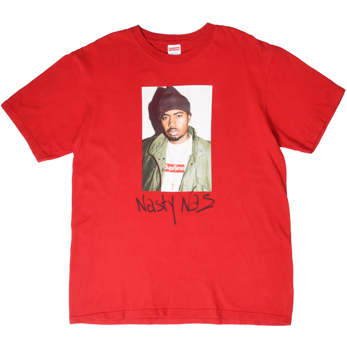 Full front view of red Supreme Nasty Nas T-shirt with centered portrait graphic