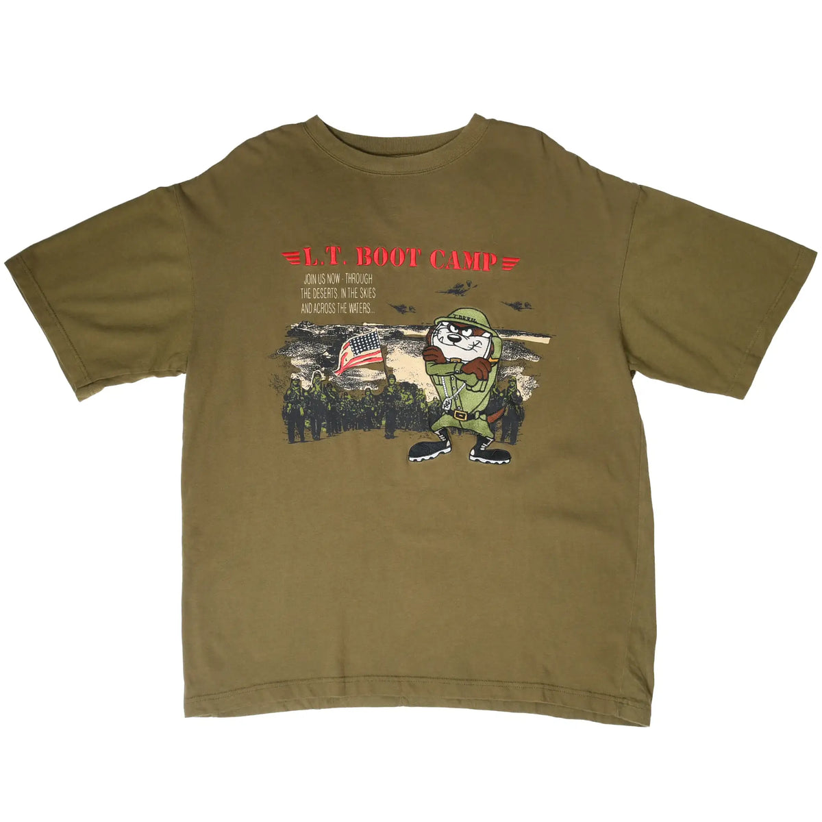 Front of olive green Looney Tunes T-shirt with Taz L.T. Boot Camp military graphic
