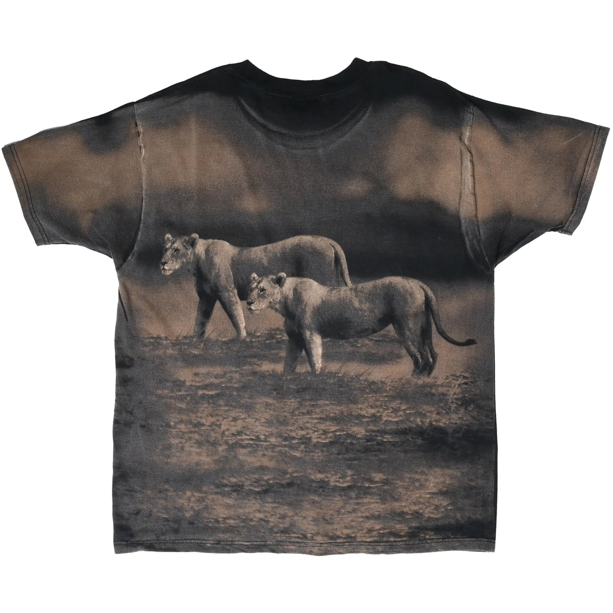 Back of black T-shirt with two lions walking across a dark landscape print