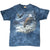 Full front view of blue tie-dye T-shirt with two bald eagles and snowy branches