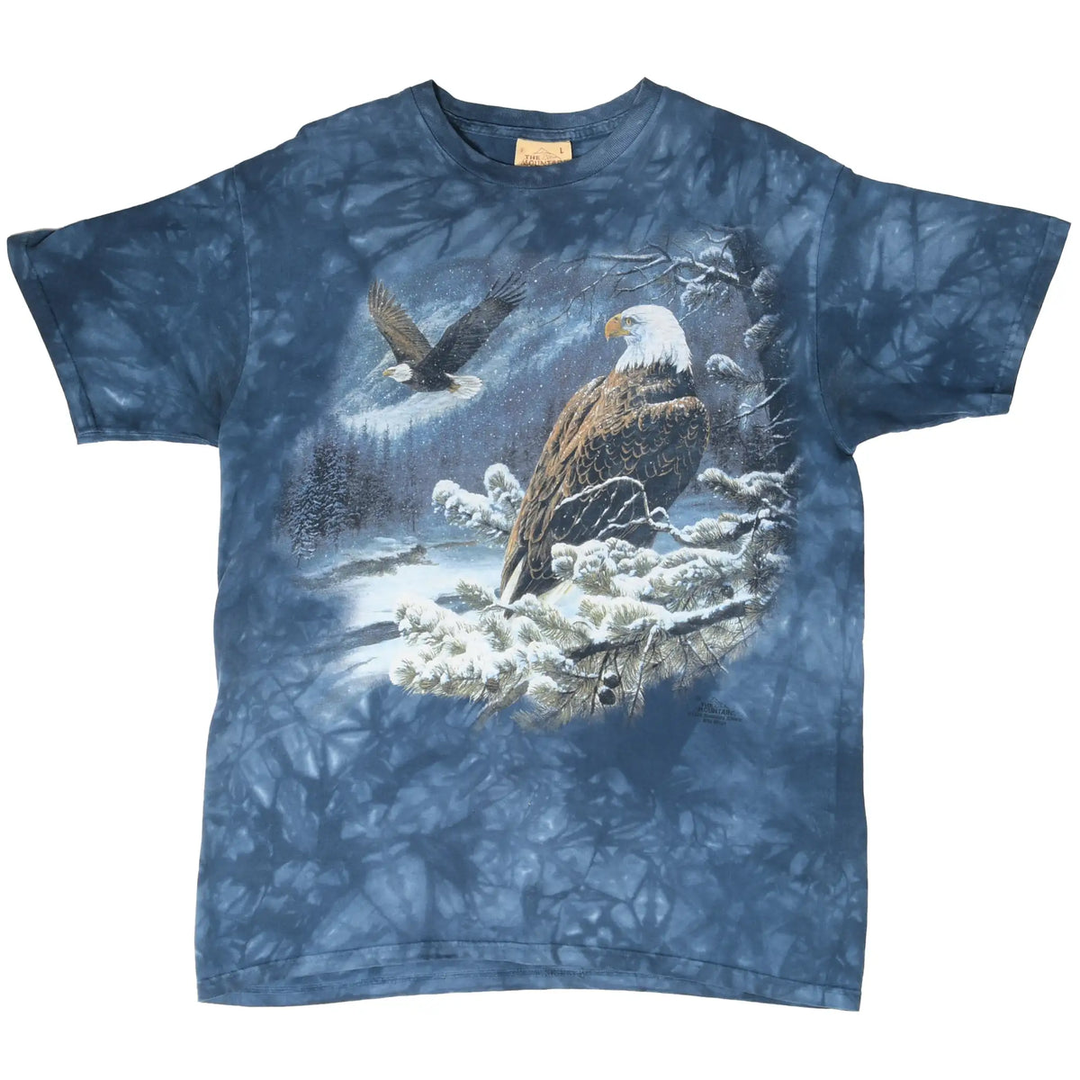 Full front view of blue tie-dye T-shirt with two bald eagles and snowy branches