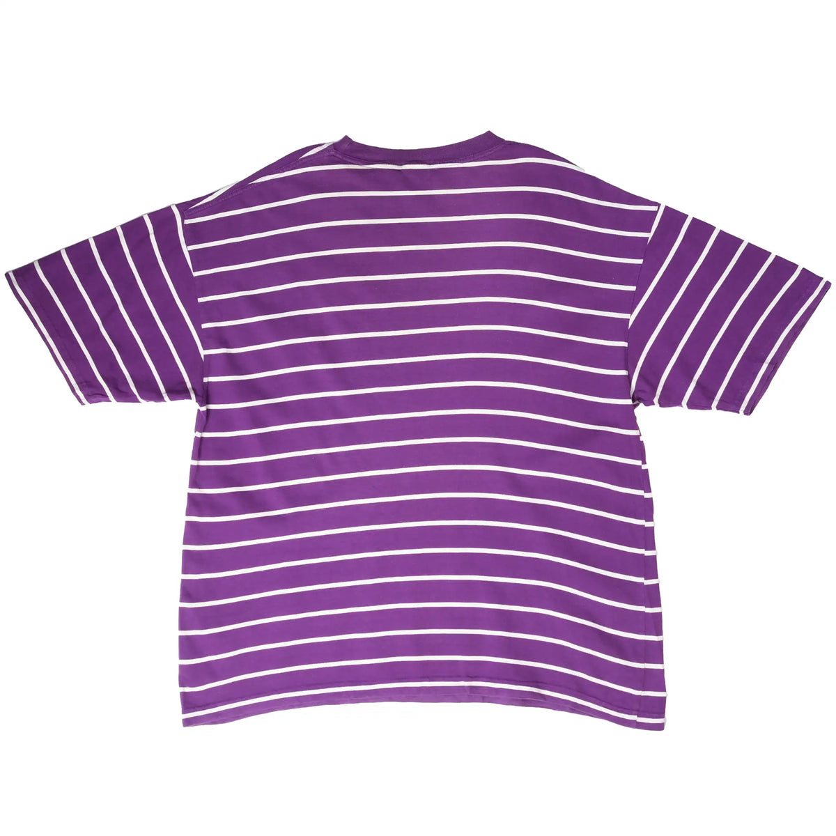 Back of purple short-sleeve Disney tee with horizontal white stripes