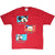 Full front view of red Disney T-shirt featuring Mickey Mouse, Donald Duck and Goofy