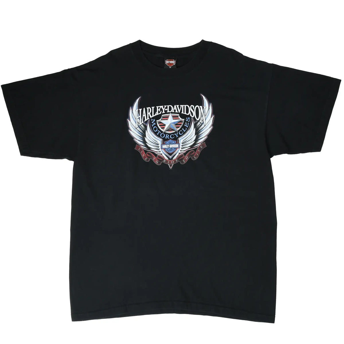 Full front view of black Harley-Davidson T-shirt with winged motorcycle emblem