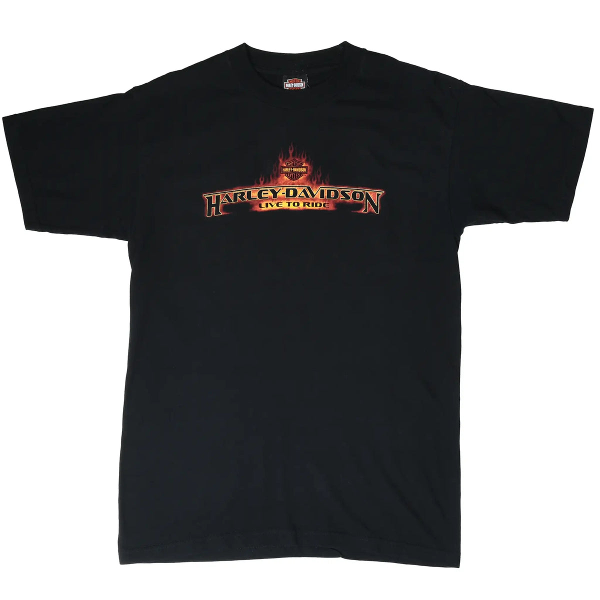Full front view of black Harley-Davidson T-shirt with flaming chest logo