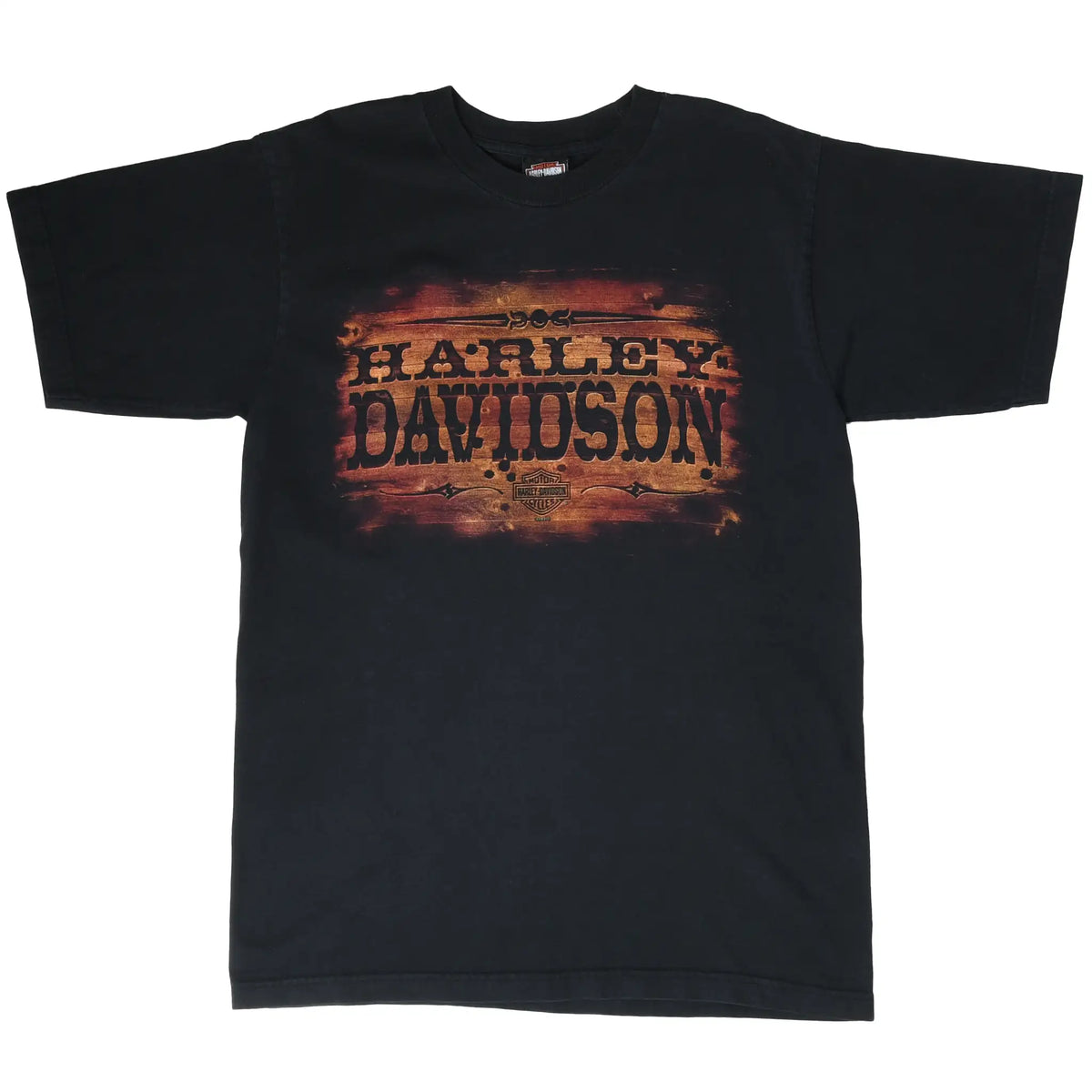 Full front view of black Harley-Davidson T-shirt with distressed orange graphic