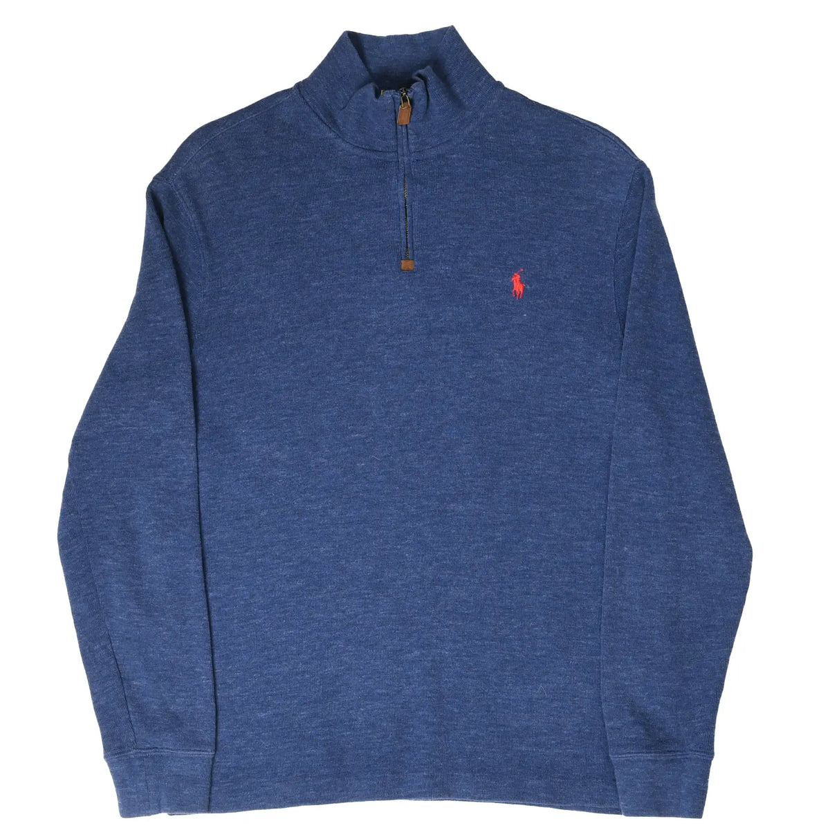 Full front view of blue Polo Ralph Lauren quarter-zip sweater