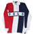 Front of long-sleeve Polo rugby shirt with red, white and navy color blocking and white collar