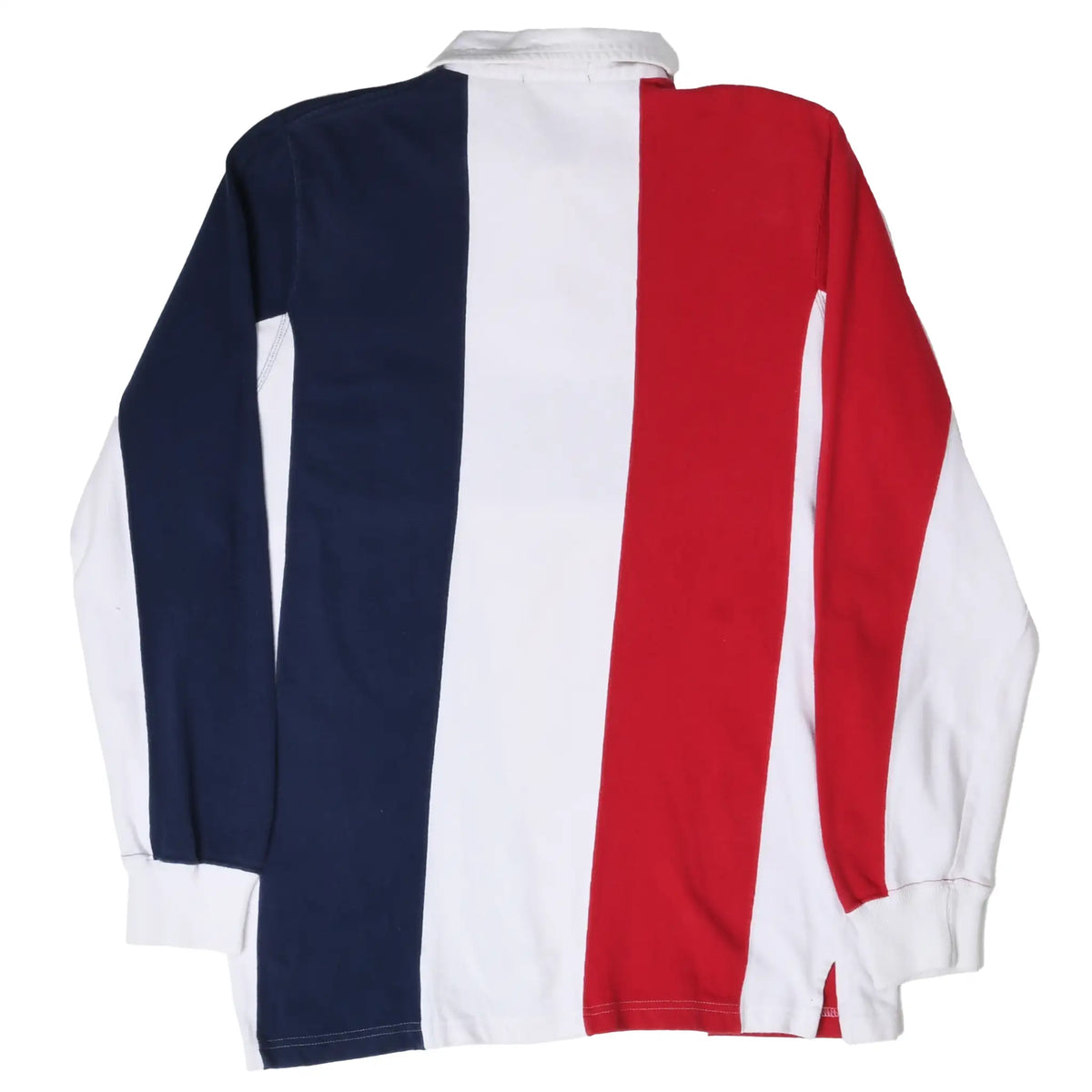 Back of Polo Ralph Lauren rugby shirt with wide navy, white and red vertical panels