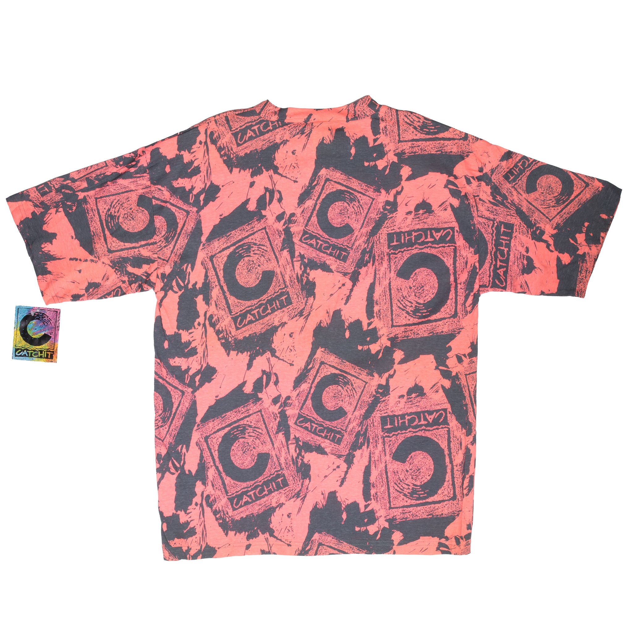 Vintage Catchit Surfing All Over Print Pink Tee Shirt 1990S Size Large Made In Usa Deadstock