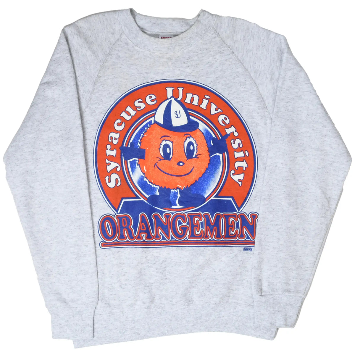 Full front view of gray Syracuse Orangemen crewneck sweatshirt with mascot print