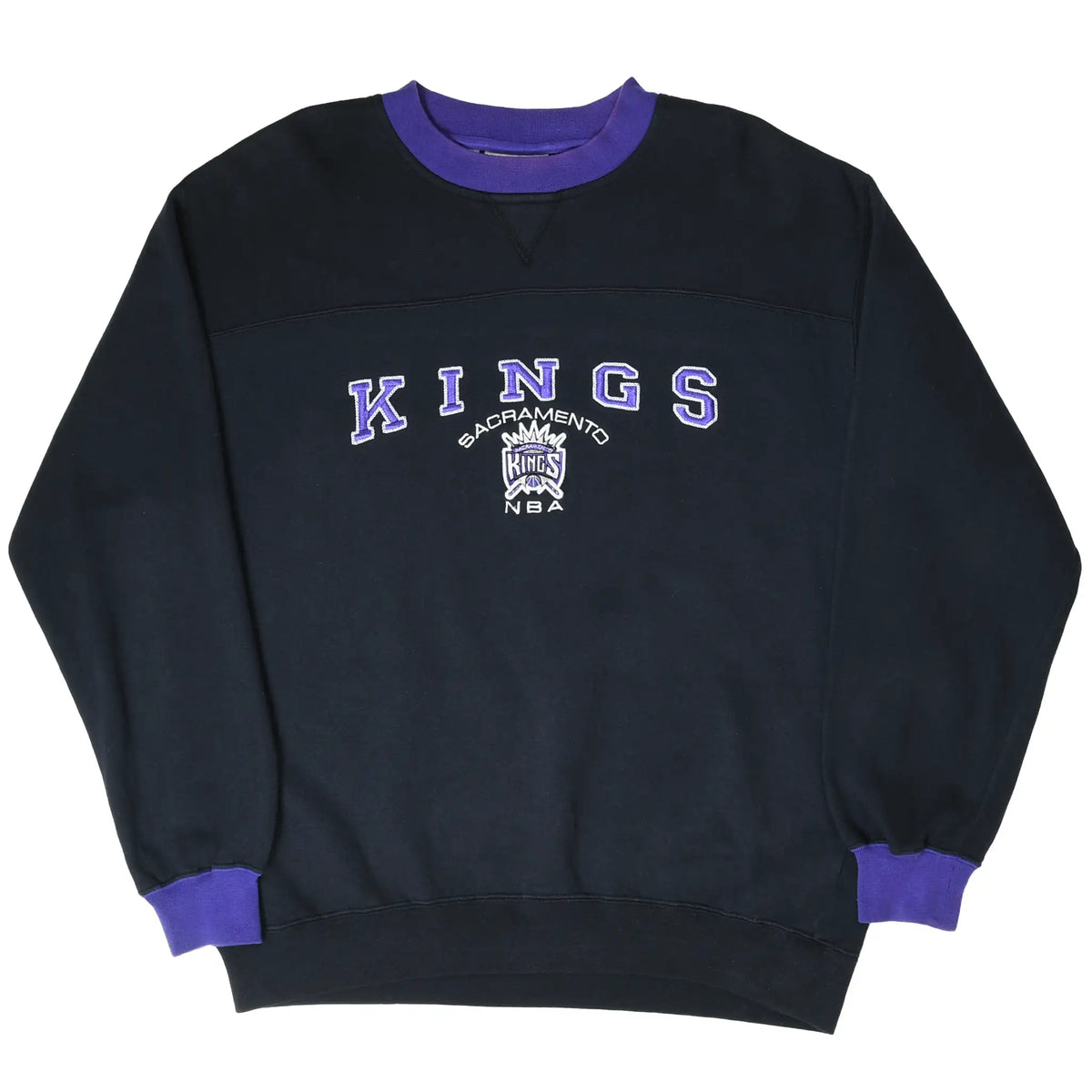 Full front view of black Sacramento Kings sweatshirt with purple trim and embroidered chest graphic