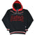 Front view of black Chicago Blackhawks Starter hoodie with red hood and striped cuffs