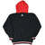 Back of black Chicago Blackhawks Starter hoodie with red hood and striped trim