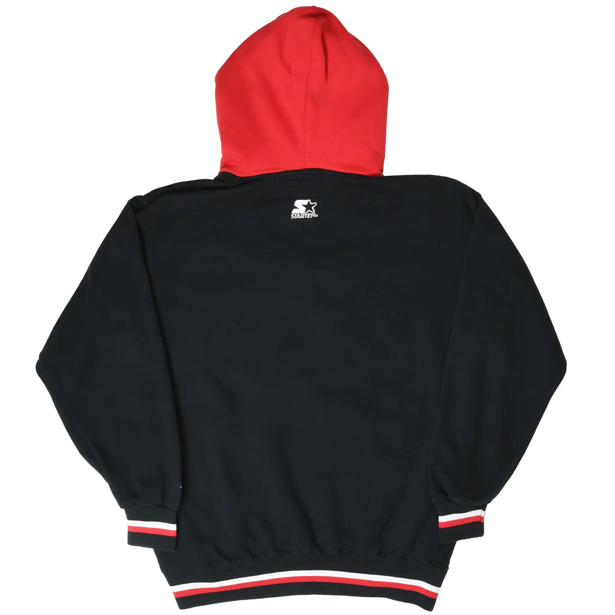Back of black Chicago Blackhawks Starter hoodie with red hood and striped trim