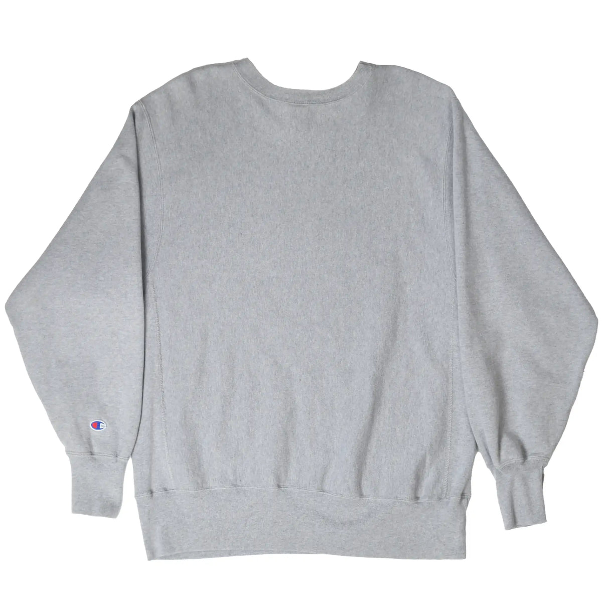 Back of gray Champion Reverse Weave sweatshirt with logo patch on left sleeve