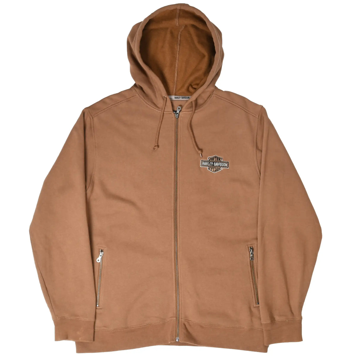 Front of brown Harley-Davidson full-zip hoodie with chest logo, drawstring hood, and zip pockets