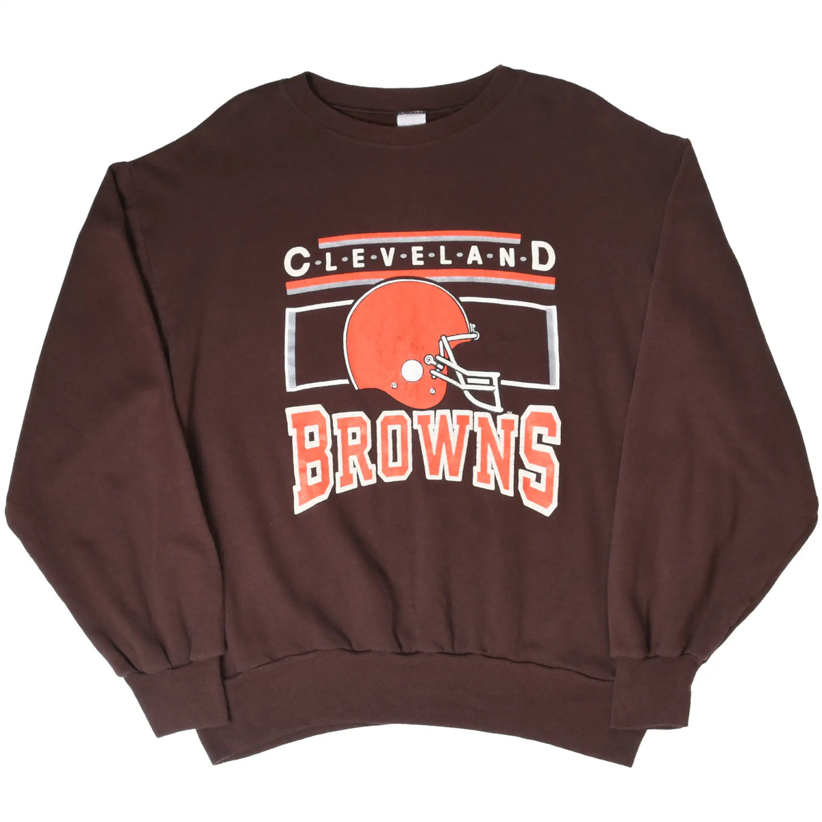 Full front view of brown Cleveland Browns crewneck sweatshirt