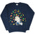 Full front view of navy Peanuts sweatshirt with Snoopy, Charlie Brown, and colorful leaves