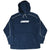 Front of navy Nike fleece hoodie with white spellout logo, piping, and kangaroo pocket