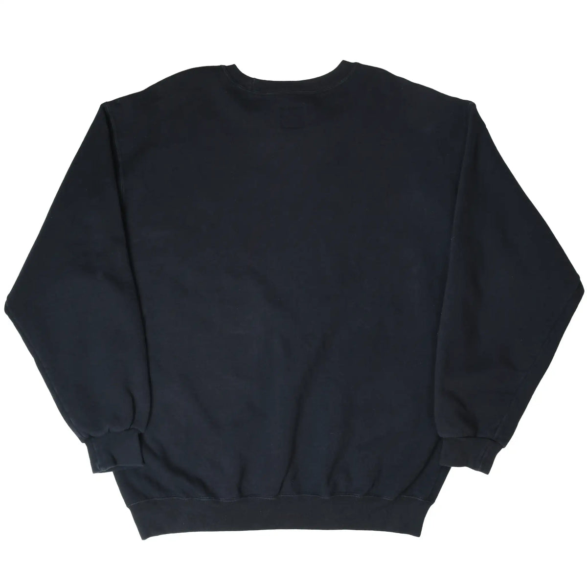 Back of plain black Starter crewneck sweatshirt with ribbed cuffs and hem