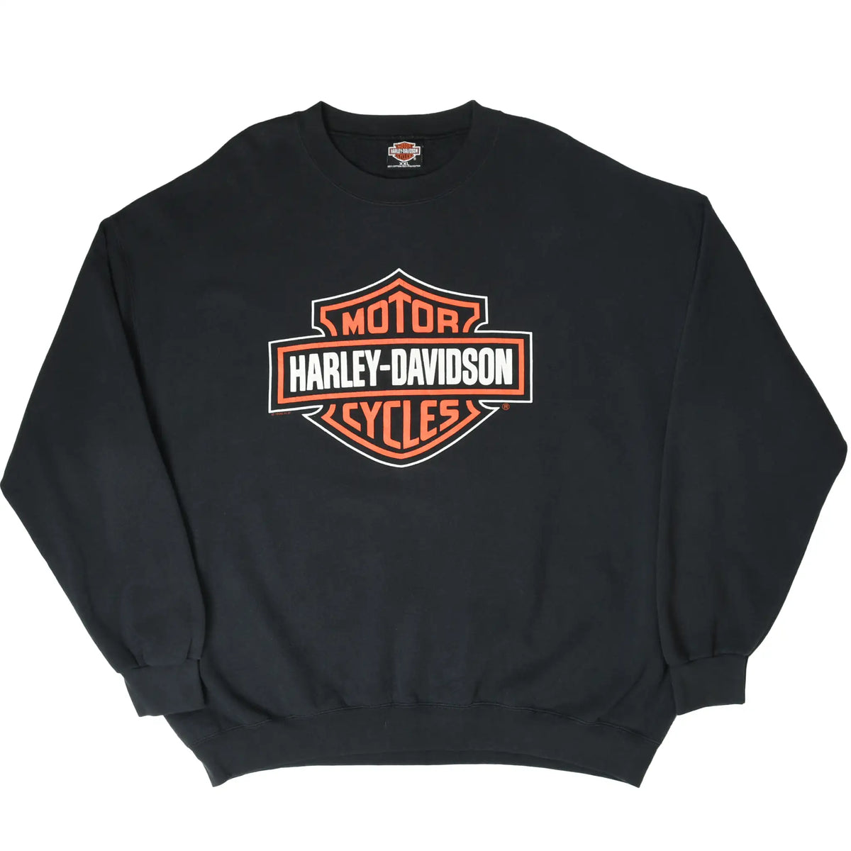 Full front view of black Harley-Davidson crewneck sweatshirt with bar-and-shield logo