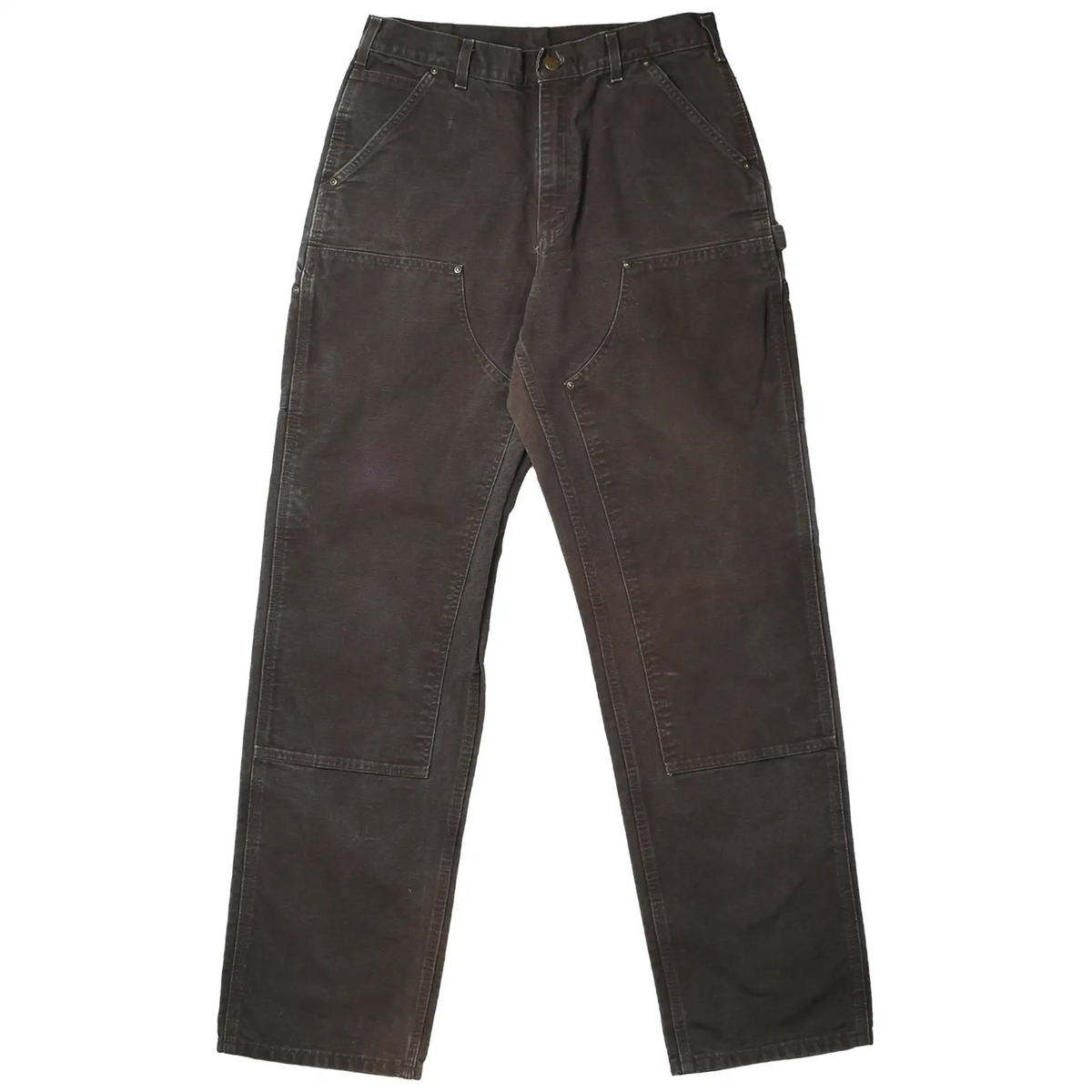 Front of dark brown Carhartt carpenter pants with double-knee panels and utility pockets