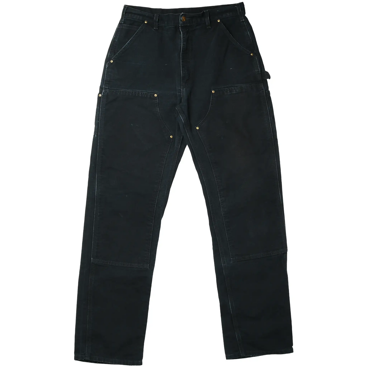 Front of black Carhartt carpenter pants with double knees, rivets, and utility pockets