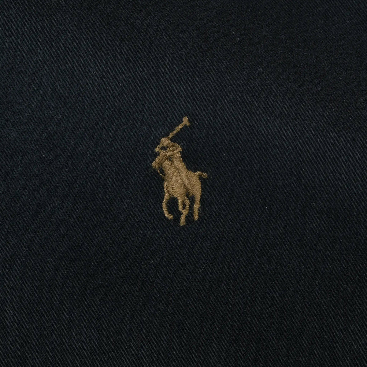 Close-up of gold Polo pony embroidery on black jacket chest