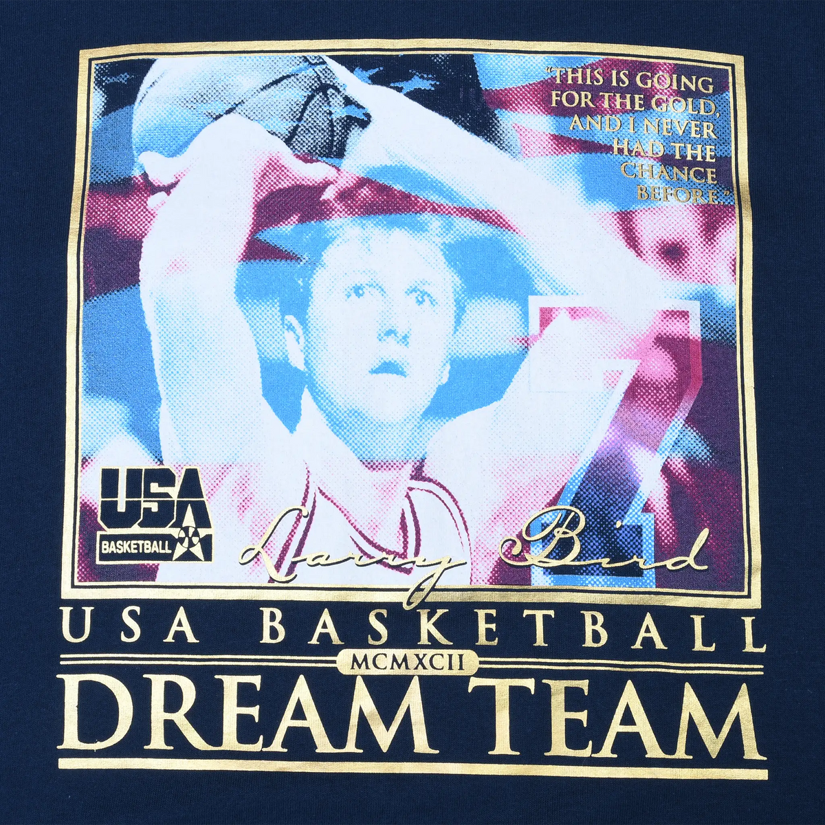 Close-up of Larry Bird USA Basketball Dream Team graphic in red, blue, white, and gold