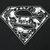 Close-up of white Superman shield graphic filled with skulls on black fabric