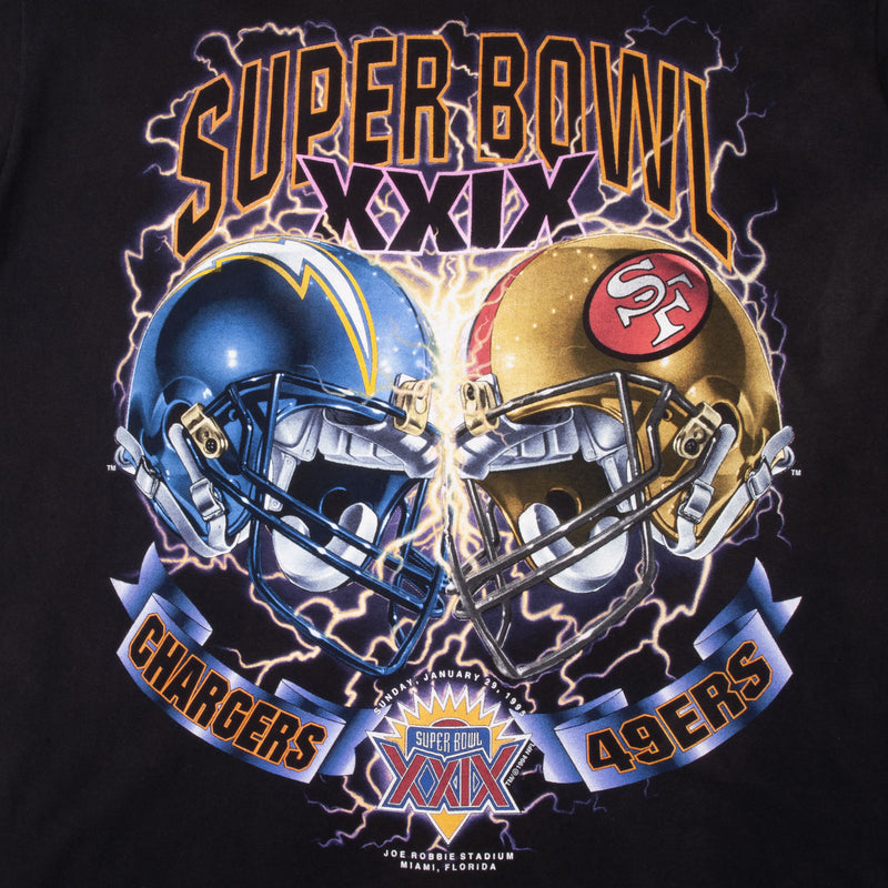 Vintage NFL San Diego Chargers Vs San Francisco 49ers Super Bowl XXIX 1994 Tee Shirt 1994 Size Large Made In USA With Single Stitch Sleeves
