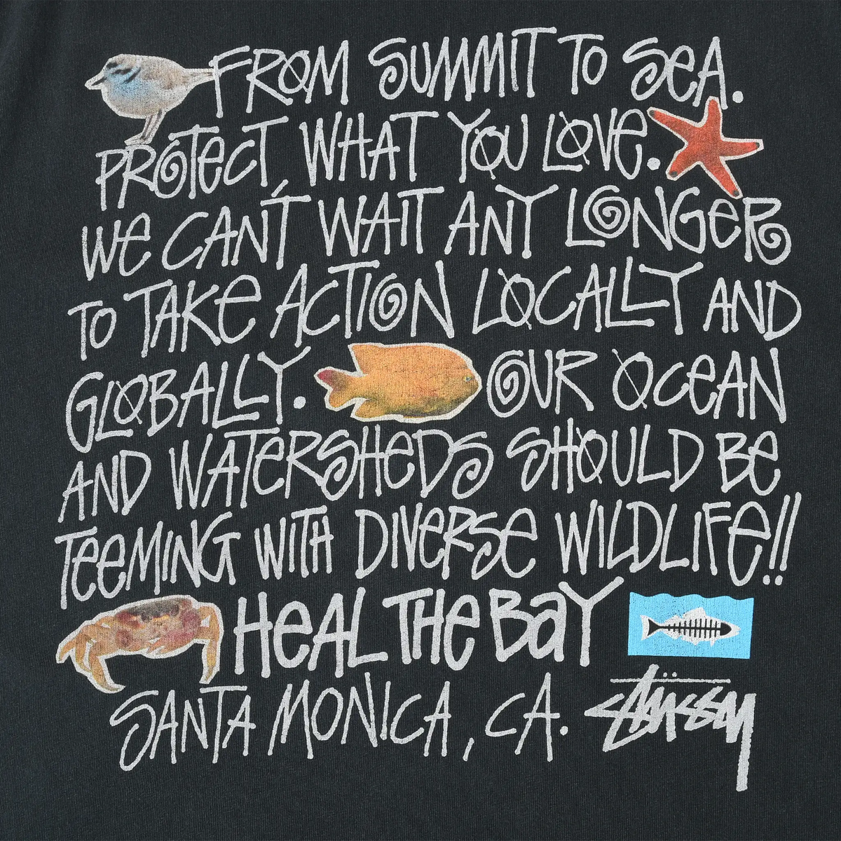 Close-up of Heal the Bay back print with ocean protection message, sea animals, and Stüssy logo