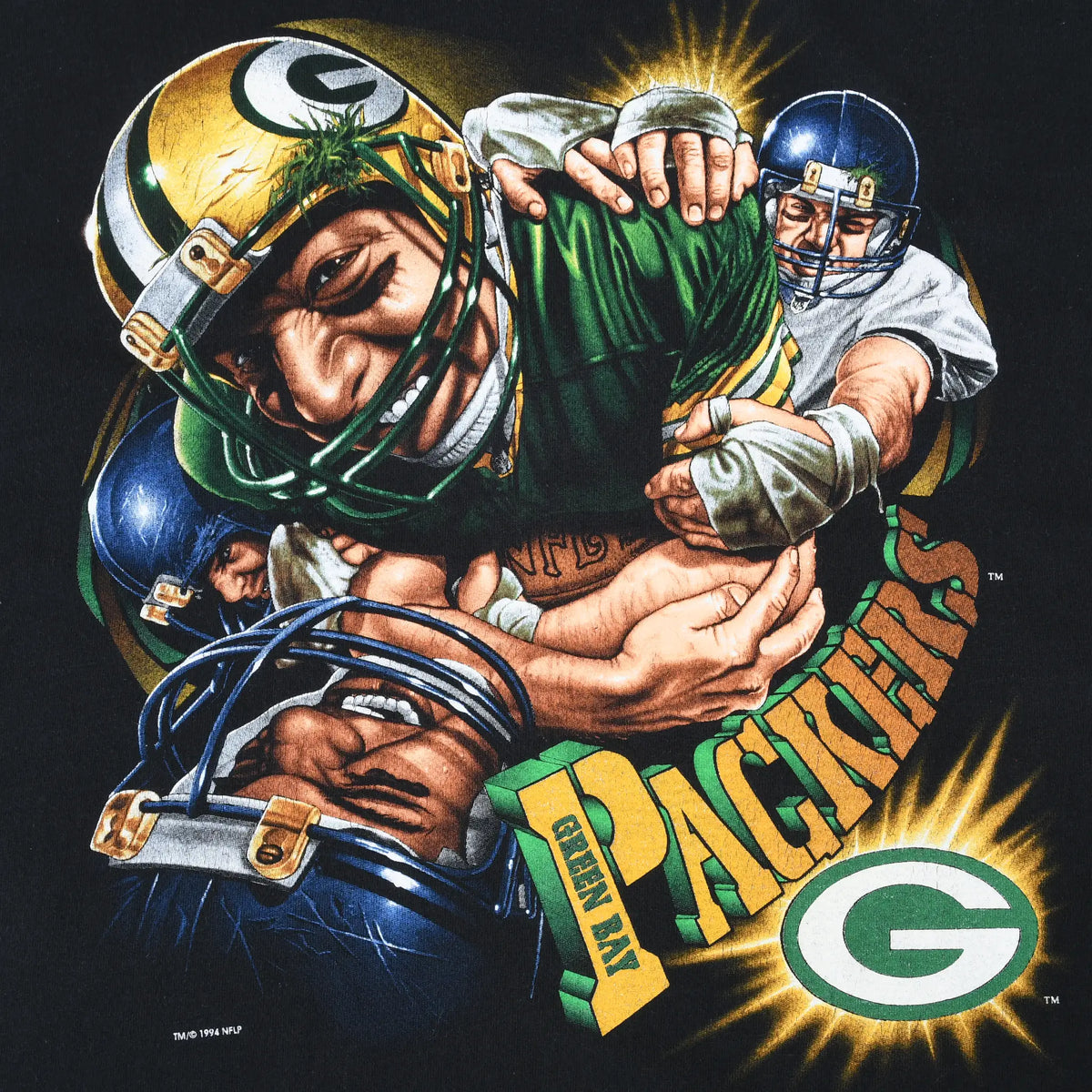 Close-up of Green Bay Packers football action graphic and team logo