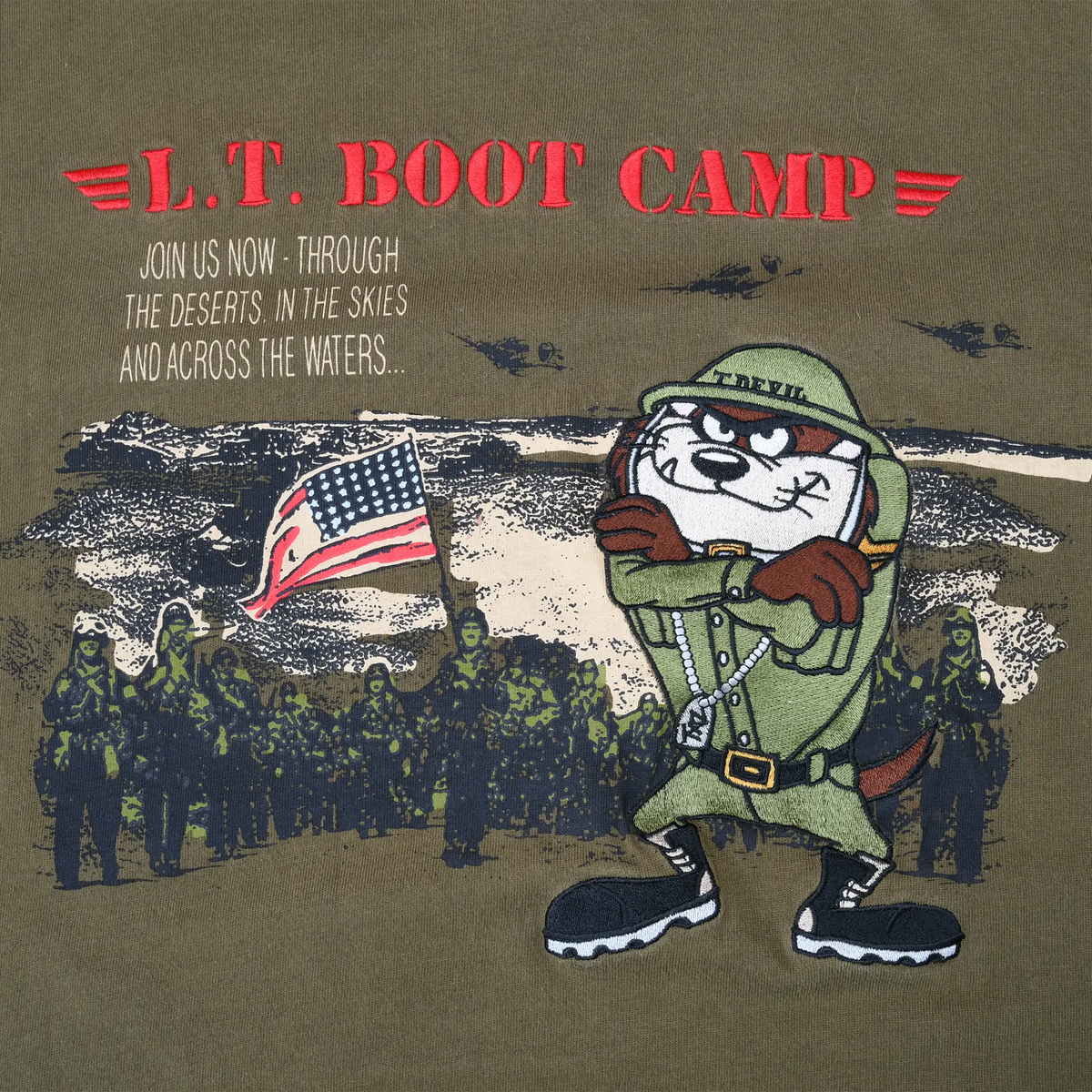Close-up of Taz in military uniform on L.T. Boot Camp front graphic