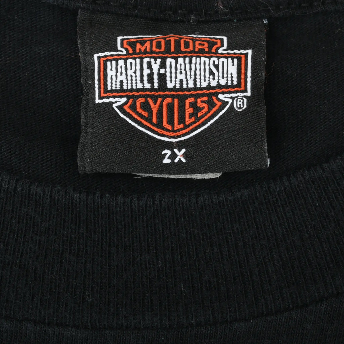 Harley-Davidson Motor Cycles neck tag marked 2X inside black T-shirt