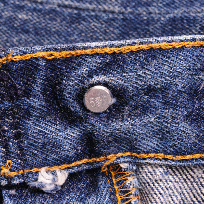Beautiful Indigo Levis 501 Jeans 1988-1993 Made in USA with a dark blue wash and some nice whiskers.  Size on Tag 31X36  ACTUAL SIZE 30X32  Back Button #552
