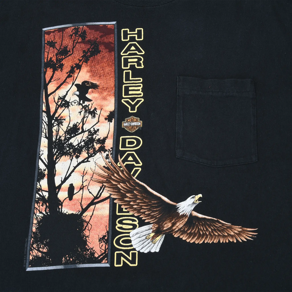 Front graphic detail with flying eagle, sunset trees, Harley-Davidson text, and chest pocket