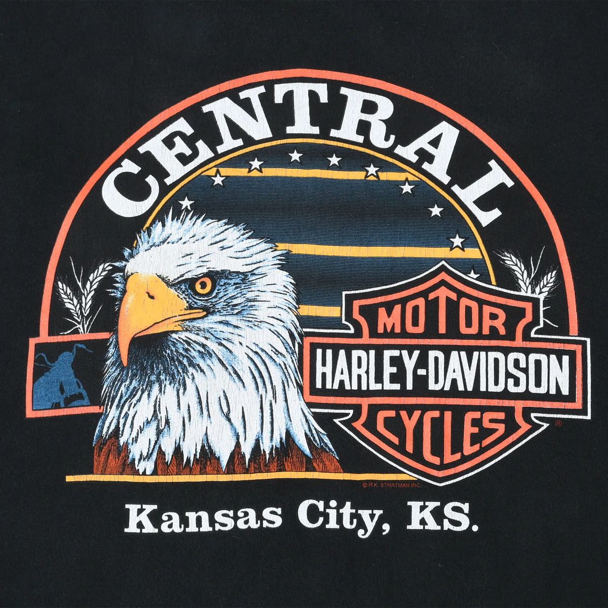 Back print detail with bald eagle, Harley-Davidson shield, and Central Kansas City, KS text
