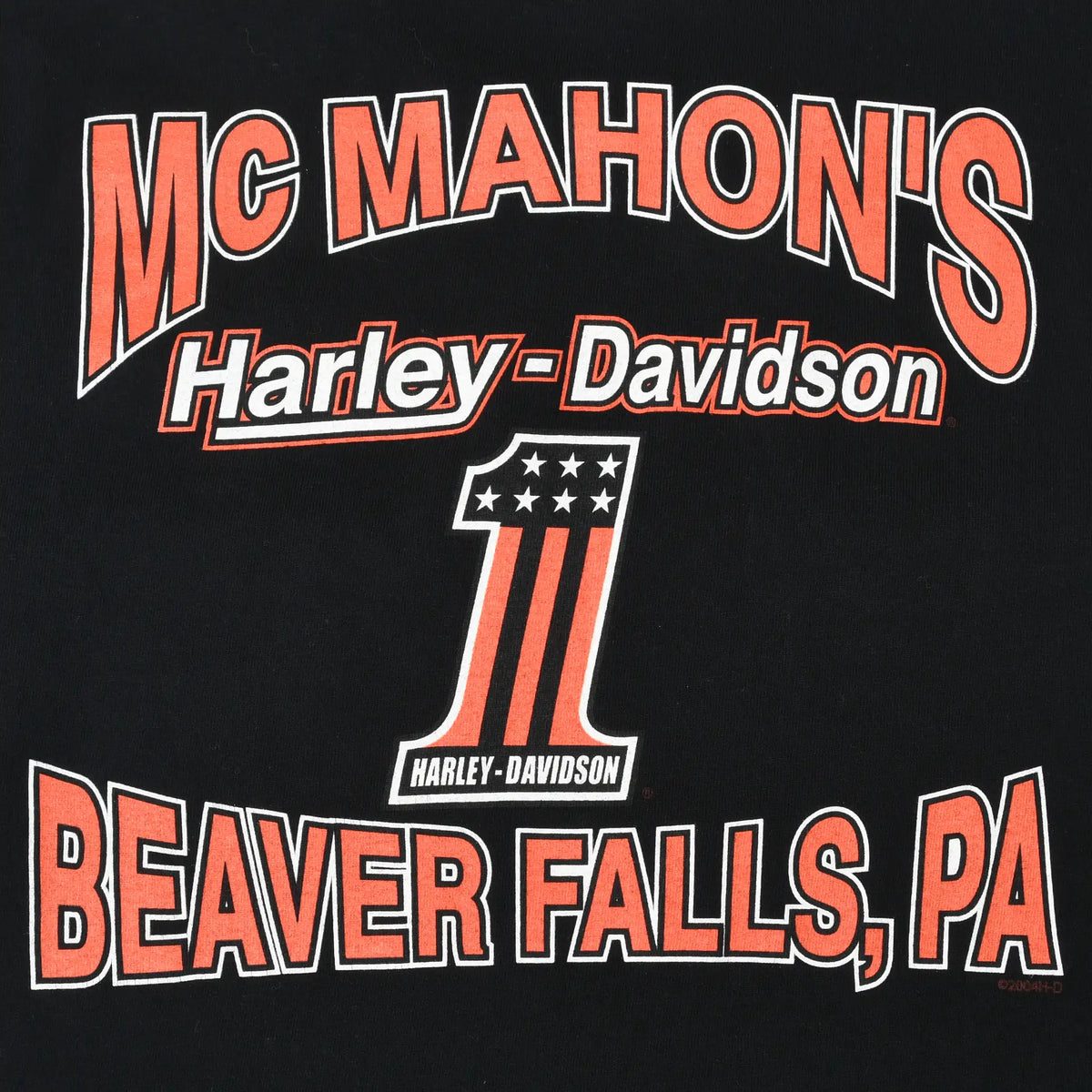 Close-up of McMahon's Harley-Davidson Beaver Falls, PA back print with number 1 graphic