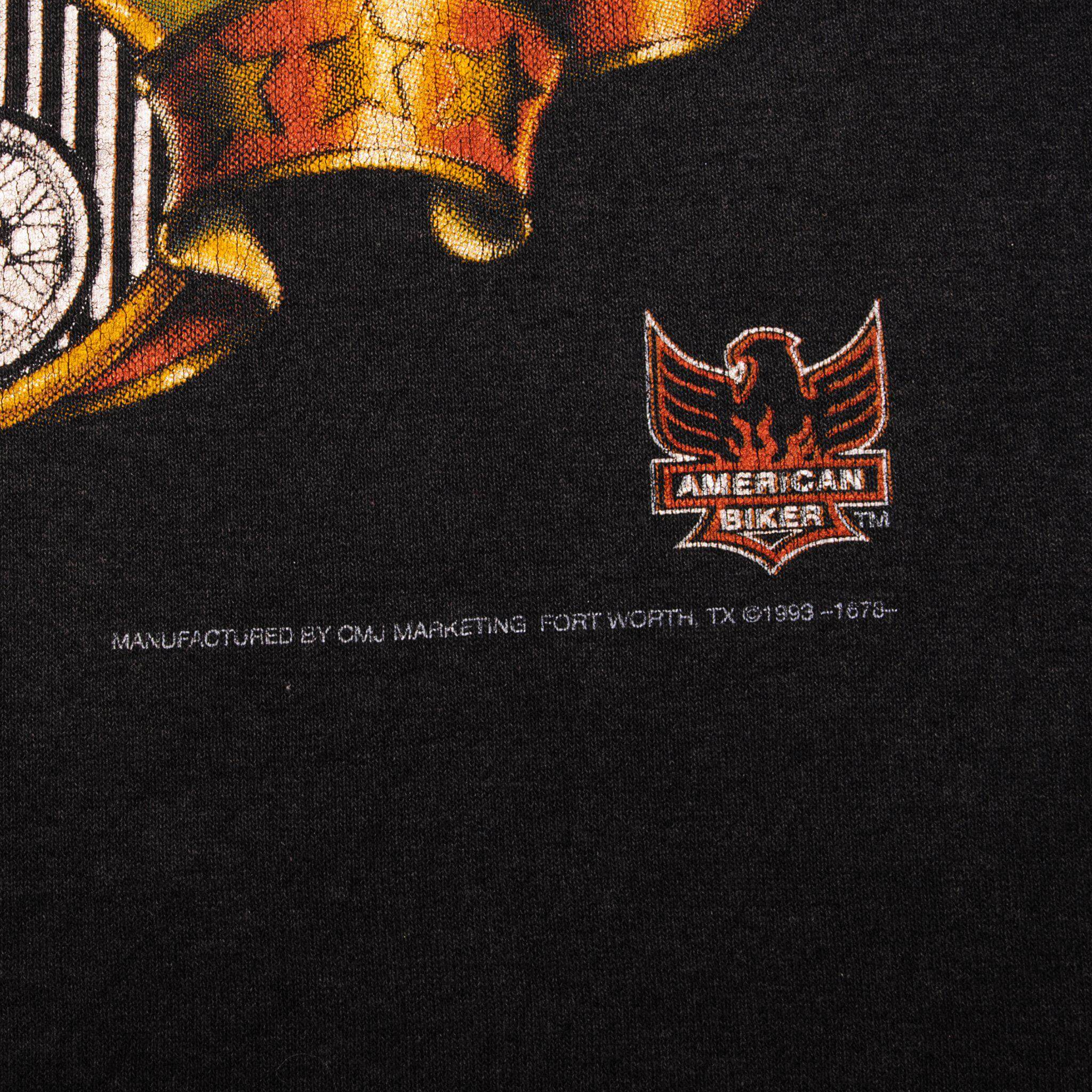 Vintage 3D Emblem American Biker Righteous Ruler Tee Shirt 1993 Size Large Made In USA with single stitch sleeves.