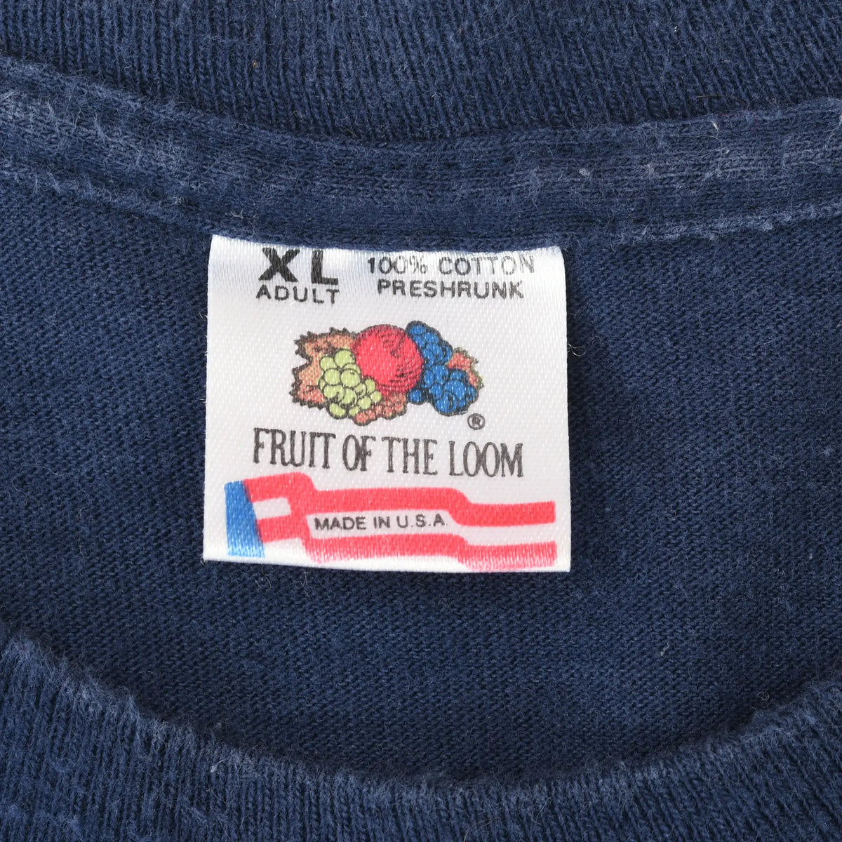 Fruit of the Loom XL 100% cotton Made in USA neck label on navy T-shirt