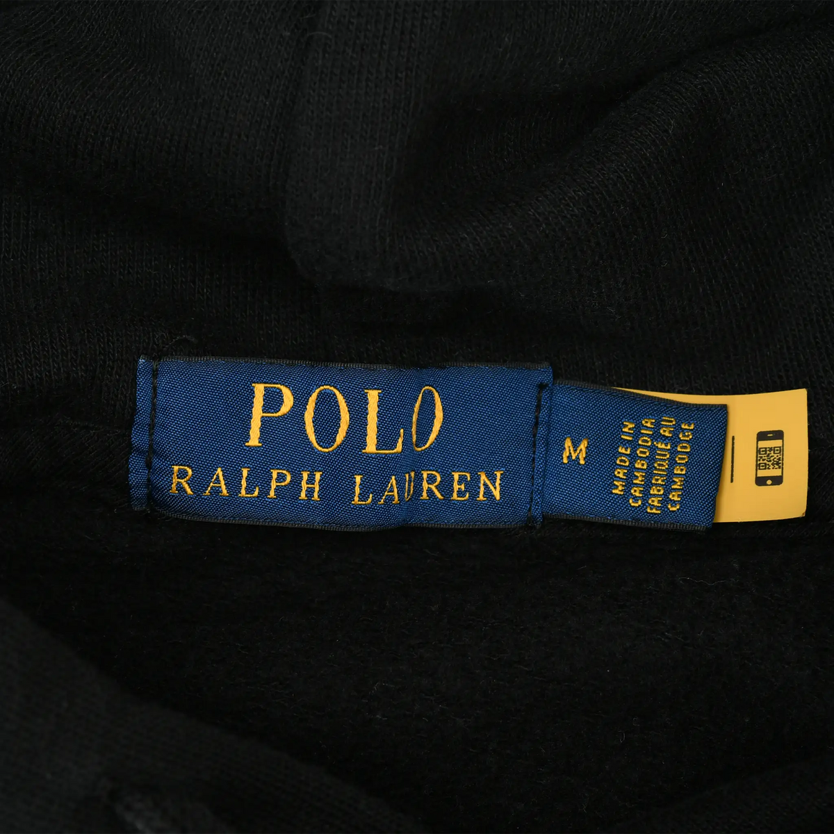 Polo Ralph Lauren neck label and medium size tag inside black hoodie