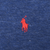 Close-up of red Polo pony embroidery on blue sweater
