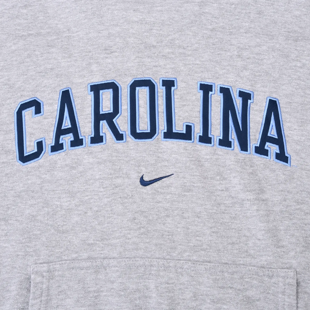 Close-up of blue Carolina chest lettering and Nike Swoosh on grey hoodie