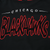 Close-up of red Chicago Blackhawks script embroidery on black sweatshirt fabric