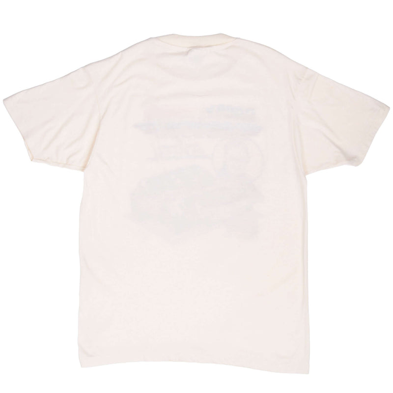 Vintage Gabby Garrison Stock Car Racing 1986 Ivory Tee Shirt Size Large Made In USA With Single Stitch Sleeves