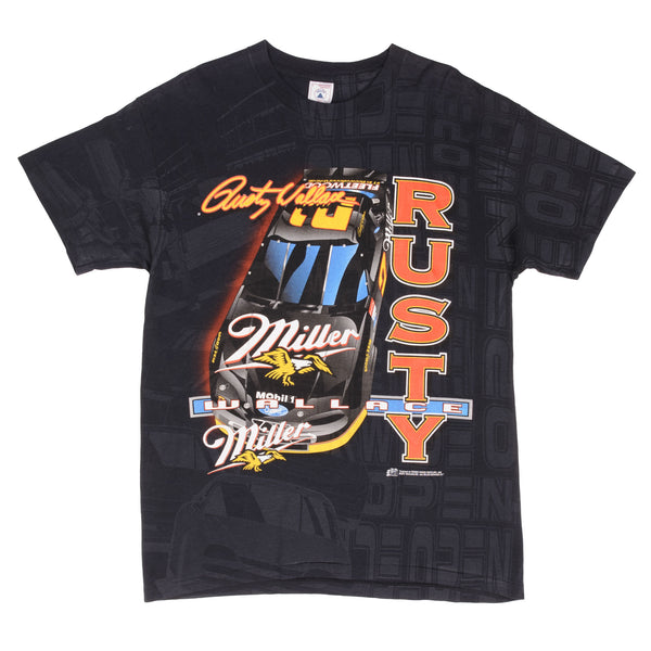 Vintage Nascar All Over Print Rusty Wallace Miller 1990S Tee Shirt Size Large Made In USA