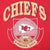 Close-up of Chiefs crest print with KC arrowhead, football, and Kansas City banner