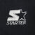 Close-up of white Starter logo embroidery on black sweatshirt fabric